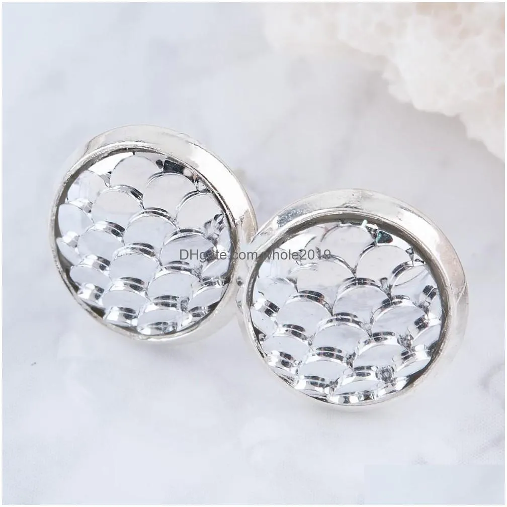 fashion drusy druzy earrings stainless steel 12mm mermaid fish/dragon scale pattern stud earrings for women lady jewelry