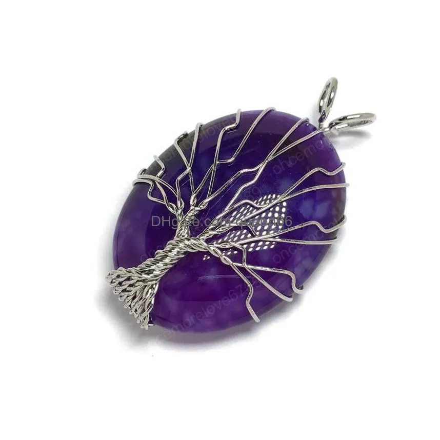 wholesale silver plated wire wrap tree of life oval shape many colors agate pendant ethnic style jewelry