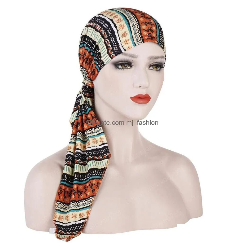 muslim women flower print ladies head wrap cover chemo cap hijab turban long tail bonnet hat hair loss bandanas ethnic fashion