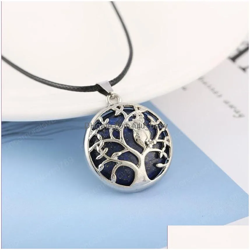 wholesale 10 pcs silver plated owl opalite opal pendant black rope chain necklace blue sand stone jewelry