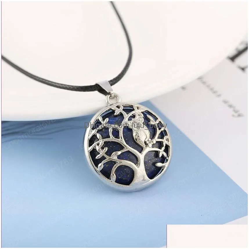  wholesale 10 pcs silver plated owl opalite opal pendant black rope chain necklace blue sand stone jewelry