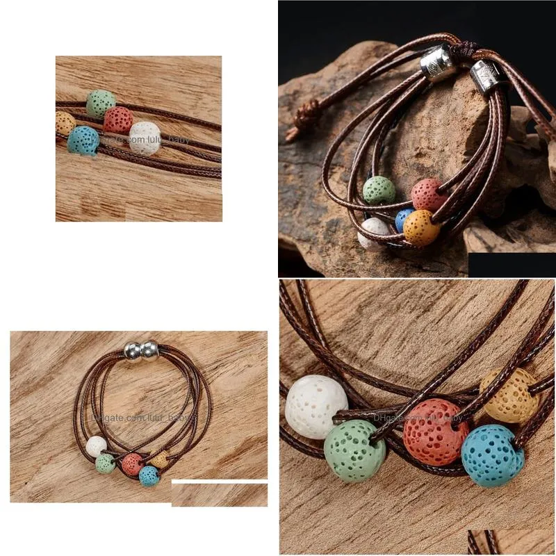 multilayers colorized lava stone beads bracelet perfume essential oil diffuser charms adjustable bracelet accessories jewelry women