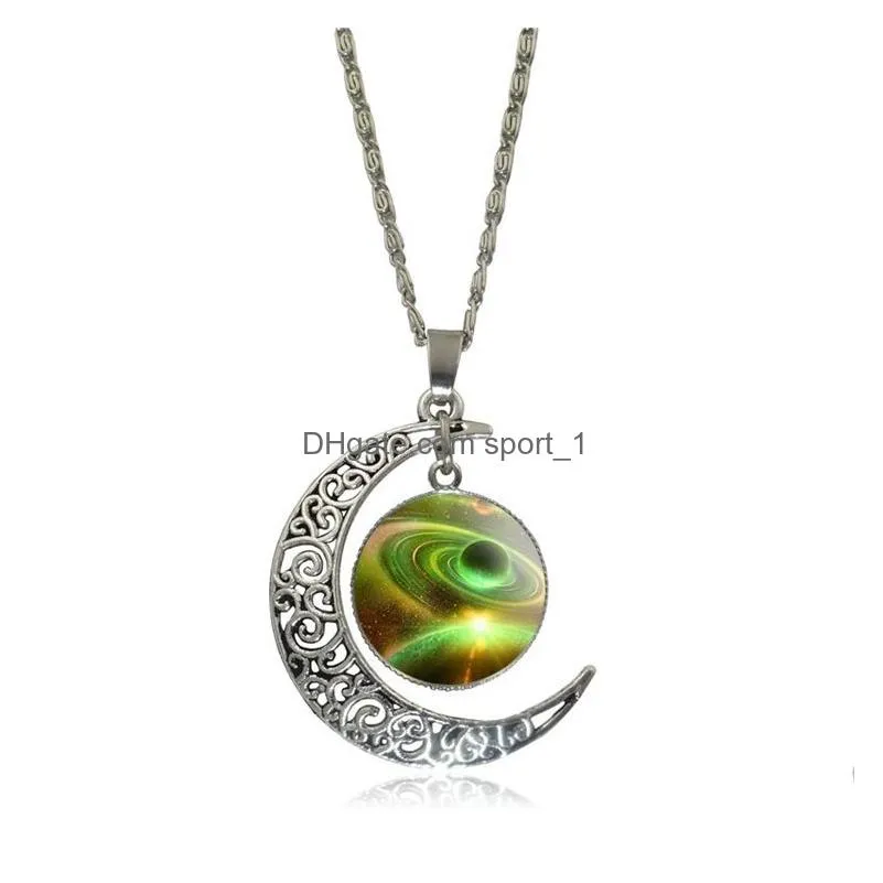 silver starry sky time gem cabochon necklace moon sun universe glass pendant nice jewelry accessary gift girl