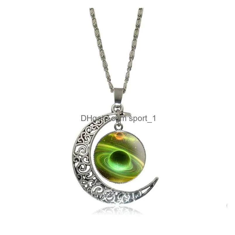 silver starry sky time gem cabochon necklace moon sun universe glass pendant nice jewelry accessary gift girl