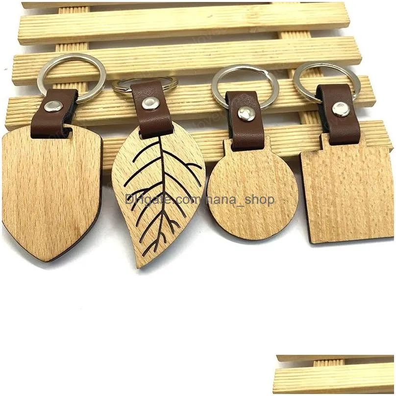 simple style wooden keychain men personalise diy blank multi shaped wooden pendant leather kay chain handmade jewelry gifts