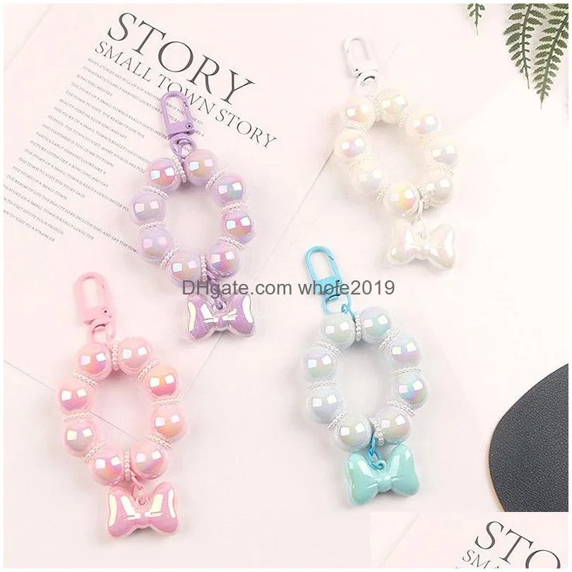 beautiful bow beaded car key chain creative candy color acrylic beads bag accessories charm mobile phone pendant key ring