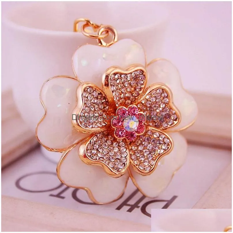 crystal rhinestone keychain enamel alloy flower pendant key chain 3pcs/lot gold tone metal floral car key ring birthday gift bag charm