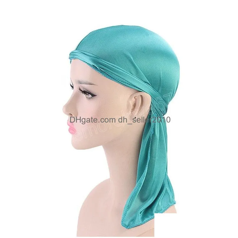 silky satin turban cap uni long tail bandanna fashion solid color pirate hats women men head scarf india hat hair accessories