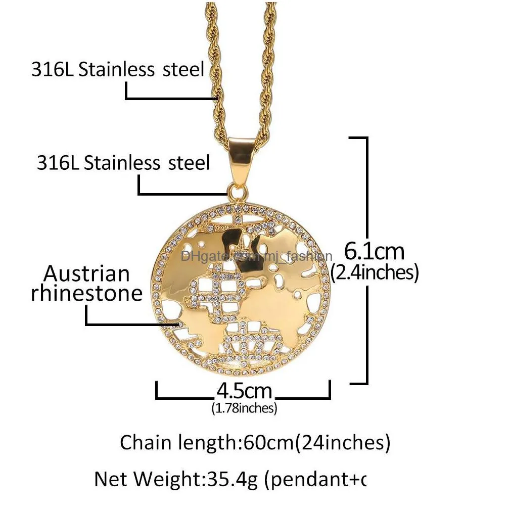 men hip hop world map pendant necklaces stainless steel never fade hiphop pendants necklace