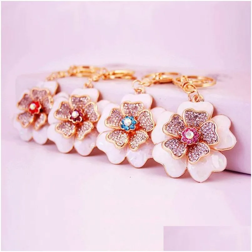 crystal rhinestone keychain enamel alloy flower pendant key chain 3pcs/lot gold tone metal floral car key ring birthday gift bag charm