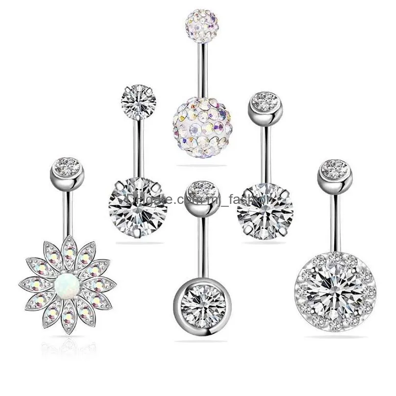 6pcs set stainless steel belly dangle ring bell button navel rings simple rhinestone body piercing fashion jewelry