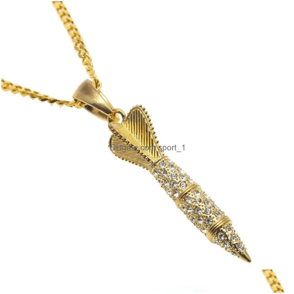 bling bling gold color rhinestone iced out military rocket arrow dart pendant necklace hip hop style rapper jewelry