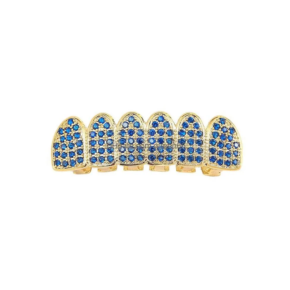 blue zircon microinlaid zircon gold braces hip hop grillz new hiphop braces environmental protection copper plating real gold