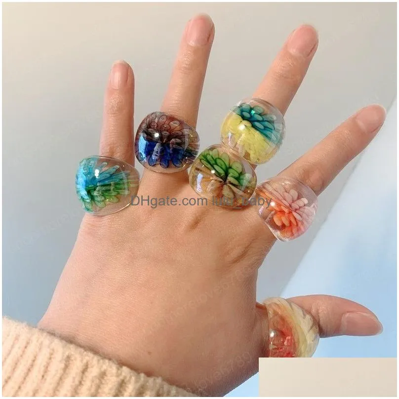 colorful transparent ring irregular geometric flower pattern glass rings for women jewelry party gift 2021