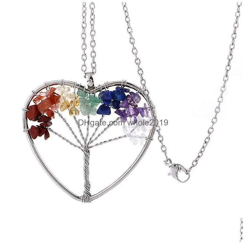 new women rainbow 7 chakra amethyst tree of life quartz chips pendant necklace multicolor wisdom tree natural stone necklace