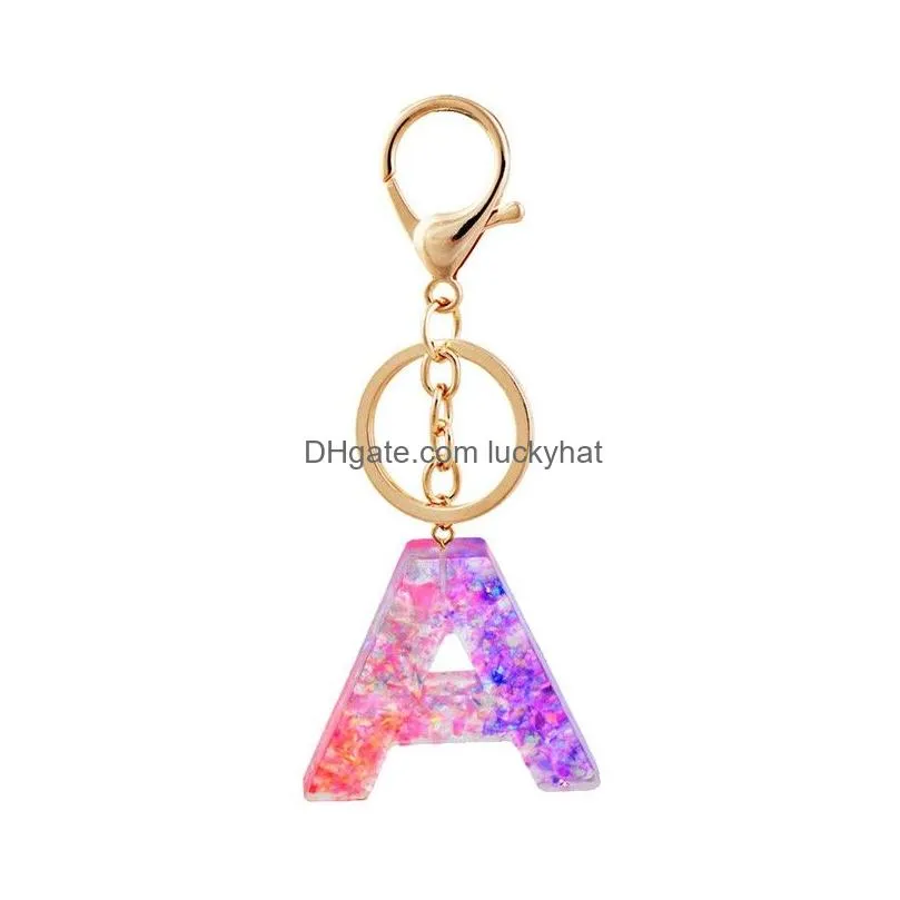 cute 26 english letter car keychain for women men word pendant key ring holder glitter resin acrylic key chains