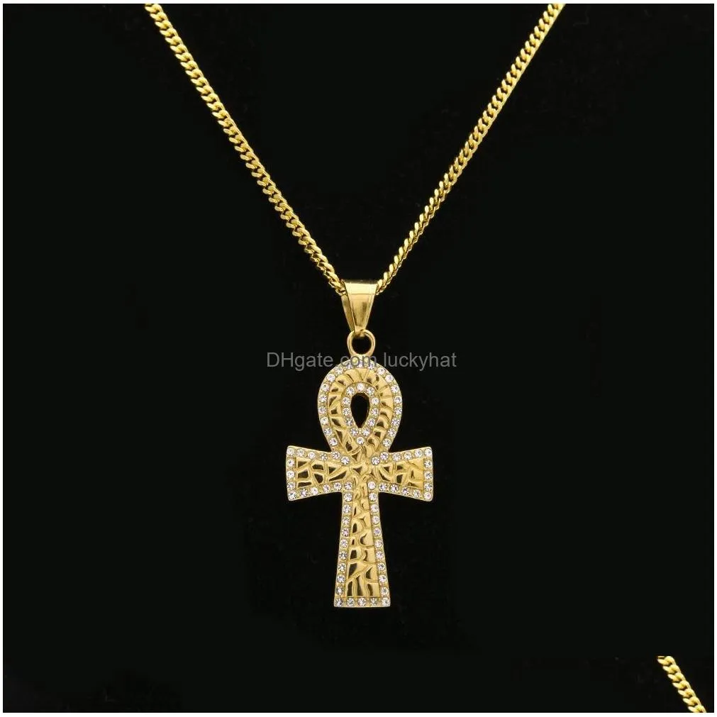 men women ankh keys cross statement necklace egyptian jewelry bling rhinestone gold plated stainless steel pendant chain life egypt