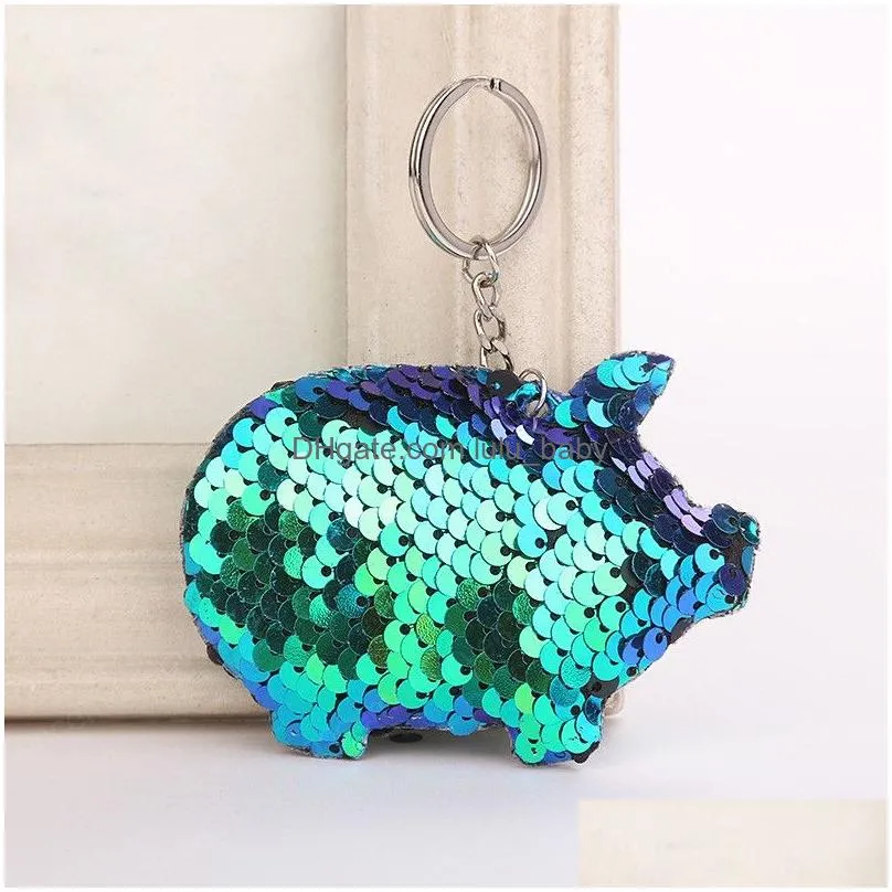 glitter pig shape keychain cute sequins key chain gifts for women girls keychains car bag accessories key ring 4 colors