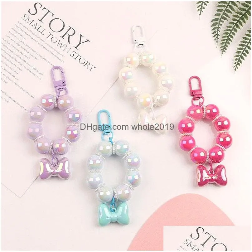 beautiful bow beaded car key chain creative candy color acrylic beads bag accessories charm mobile phone pendant key ring