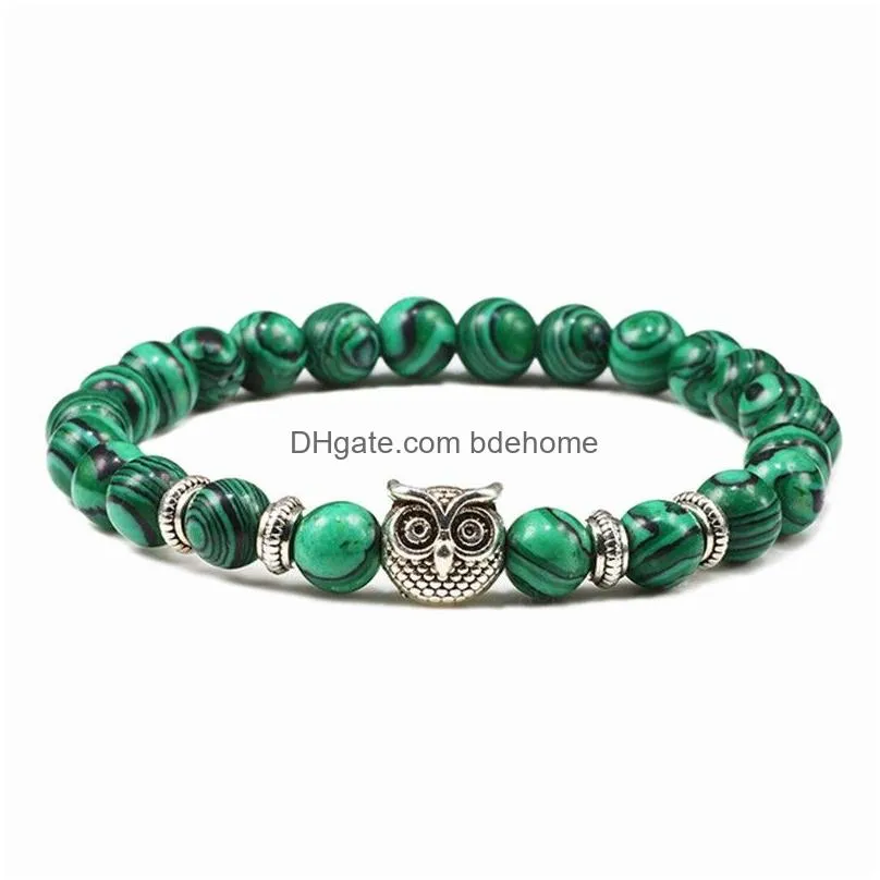 tiger eye stone men bracelet 8mm malachite weathering owl head charm beaded bracelets women strand bangle yoga jewelry pulseras