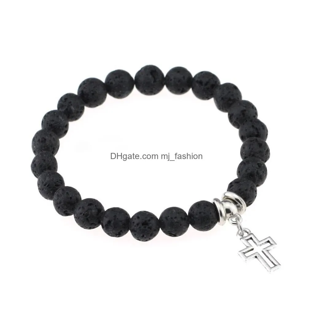 natural black lava stone bracelets chakra bead cross life tree heart charm bracelet for men women stretch yoga jewelry