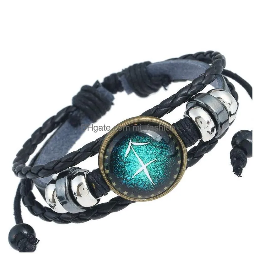 europe and america leisure vintage handknitted bracelet cowhide 12 constellation bracelet men and women jewelry fashion wholesale