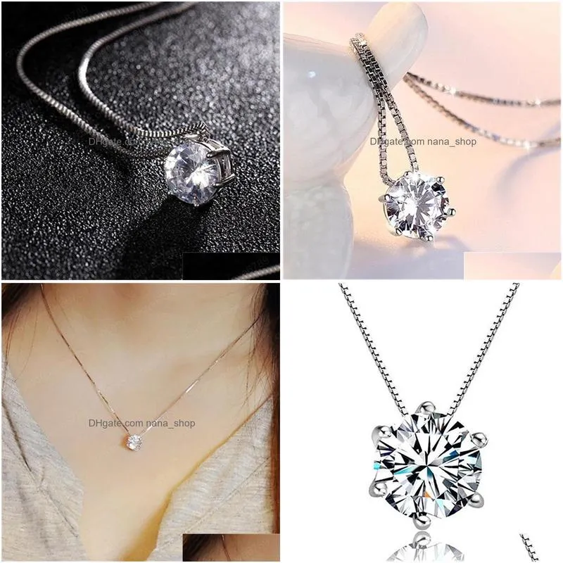 925 sterling silver womens fashion jewelry high quality simple crystal zircon six prong pendant necklace length 45cm