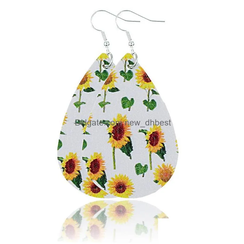 colorful sunflower print leather teardrop earring for women fashion spring floral leather earrings jewelry 19 styles dangle earrings