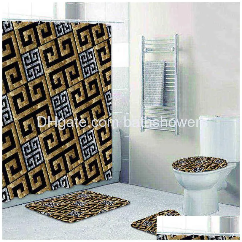 luxury black 3d gold greek key meander bathroom curtains shower curtain set for bathroom modern geometric ornate bath rug decor 220117