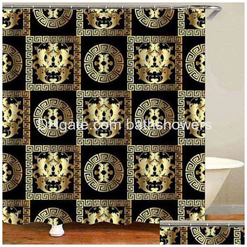 luxury black 3d gold greek key meander bathroom curtains shower curtain set for bathroom modern geometric ornate bath rug decor 211223