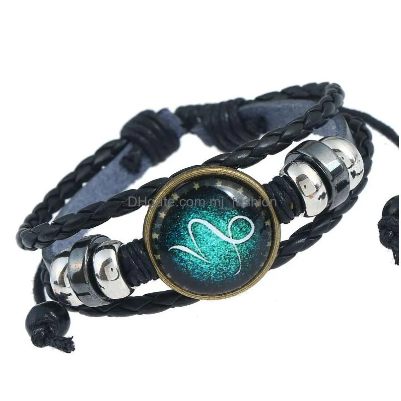 europe and america leisure vintage handknitted bracelet cowhide 12 constellation bracelet men and women jewelry fashion wholesale
