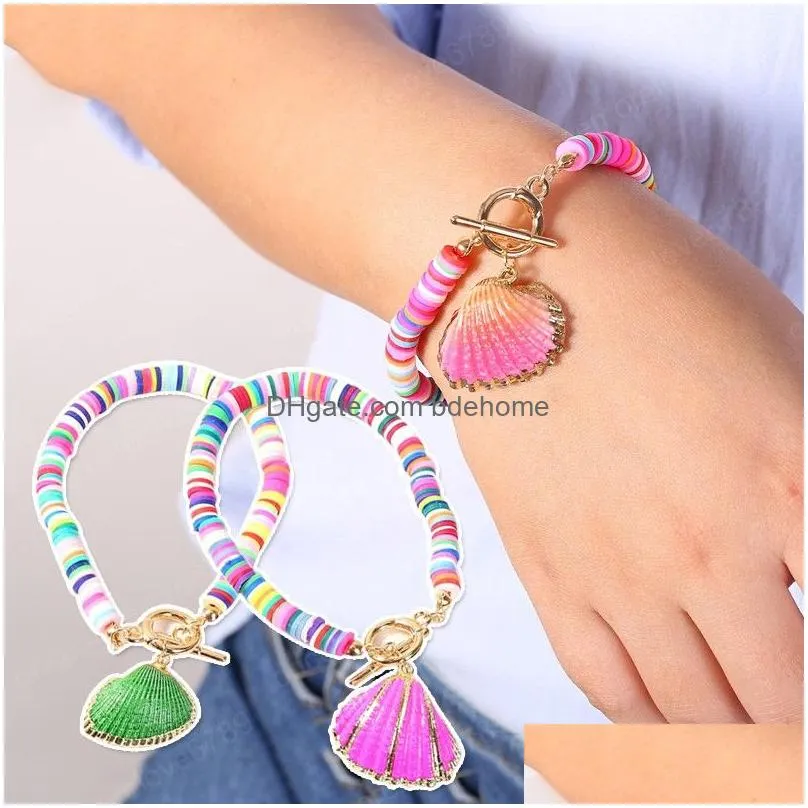 boho multicolor shell polymer clay bracelets for women charm elastic soft pottery female bracelet summer beach jewelry