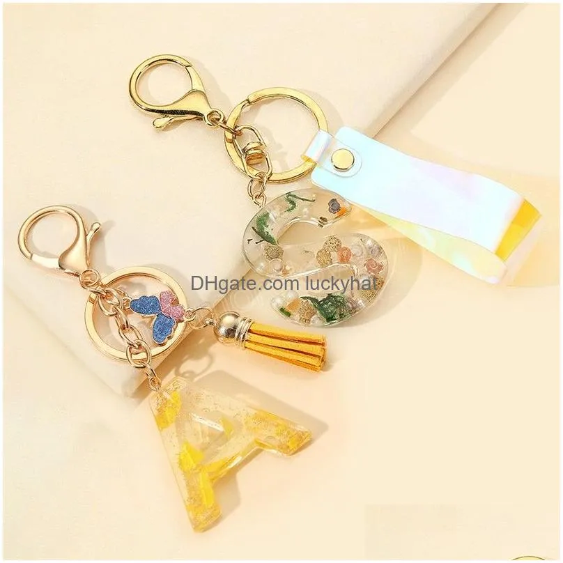 acrylic butterfly letter keychains english alphabet crystal women key chains ring tassels keyring holder pendent gift accessory