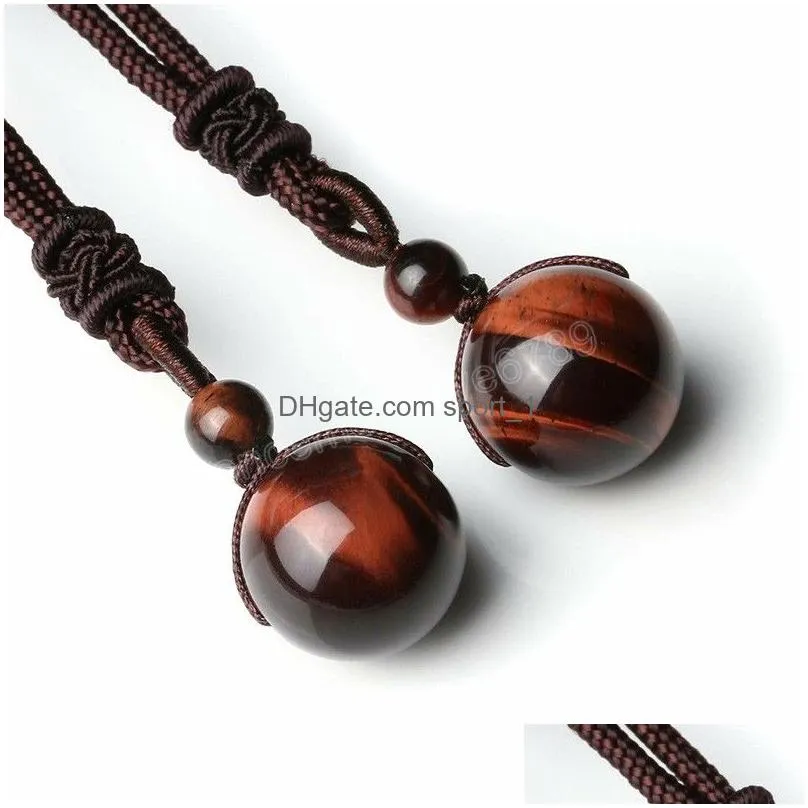 fashion 16mm tiger eyes beads pendant necklace long braided rope necklaces adjustable natural stone bracelet jewelry