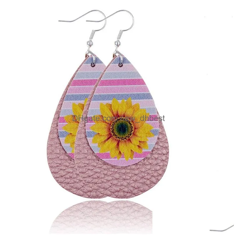 colorful sunflower print leather teardrop earring for women fashion spring floral leather earrings jewelry 19 styles dangle earrings