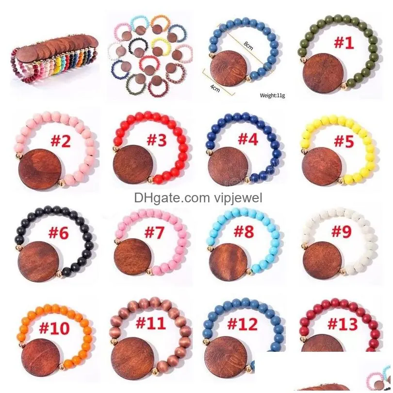 party favor fashionable colorful wooden handmade bracelet charms elastic chain with disc bangle bracelet