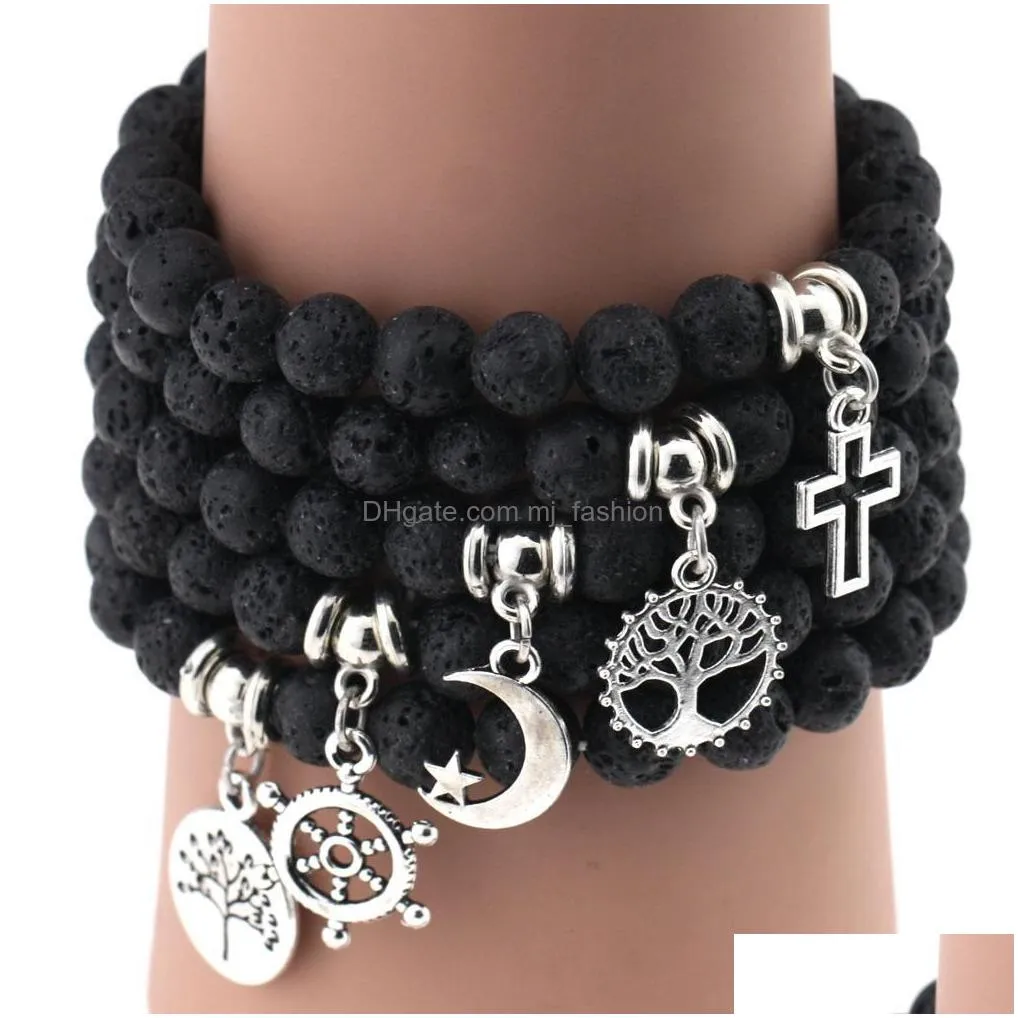 natural black lava stone bracelets chakra bead cross life tree heart charm bracelet for men women stretch yoga jewelry