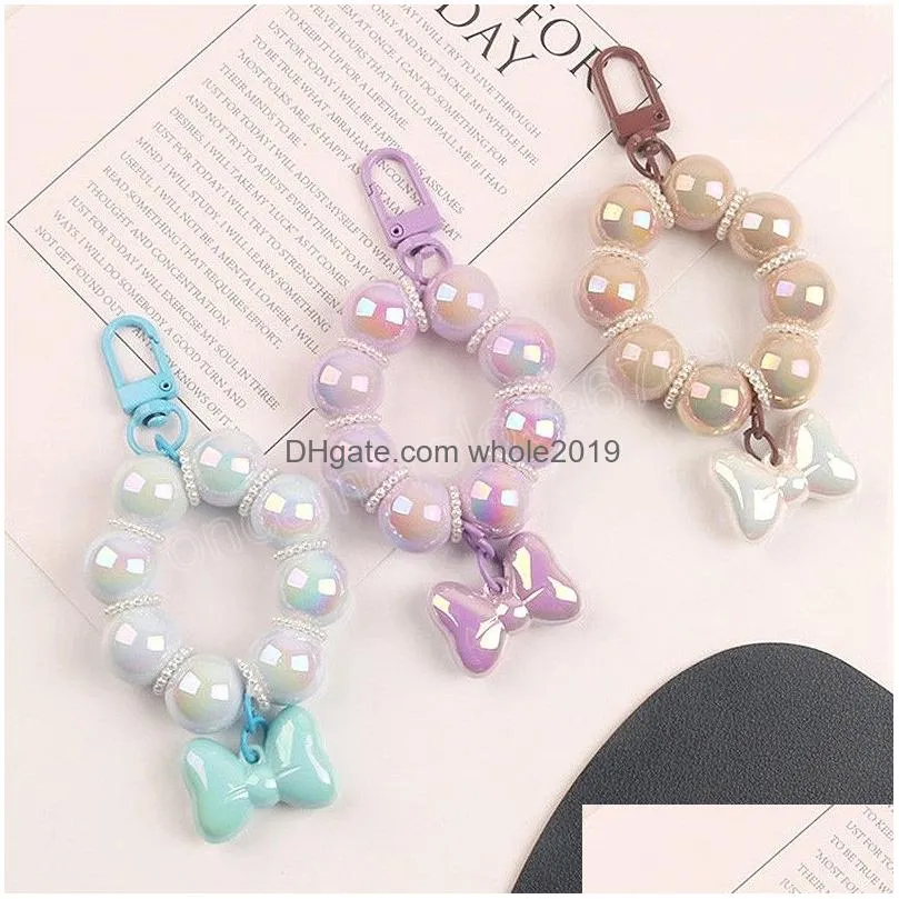 beautiful bow beaded car key chain creative candy color acrylic beads bag accessories charm mobile phone pendant key ring