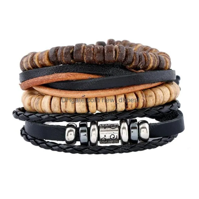  mens genuine leather bracelet diy pu multilayer wood bead braid beading combination suit bracelet 4styles/1set