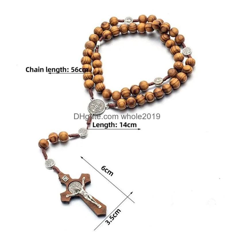 religion male long wooden rosary beads cross christ jesus pendant necklace 10mm wood pendants necklace jewelry for women men