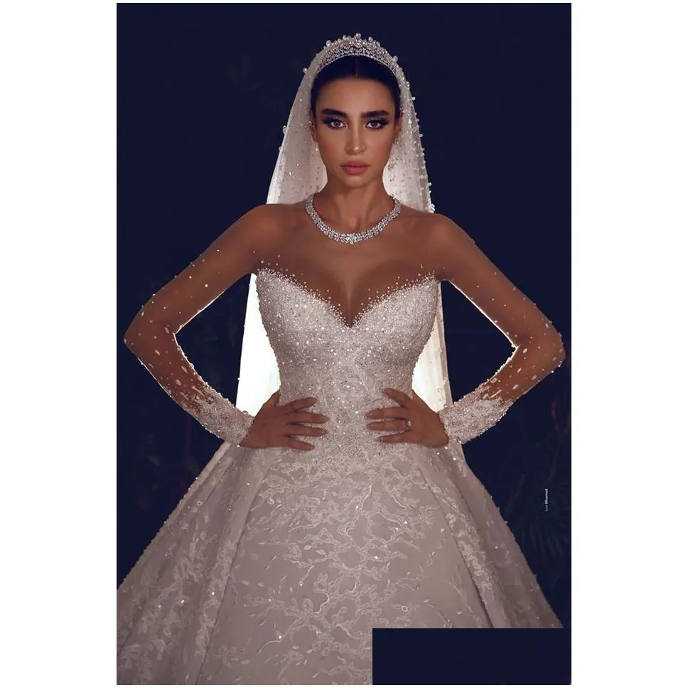 2020 arabic vintage wedding dresses crystals sheer long sleeve lace beaded ball gown vestido de novia bridal dress