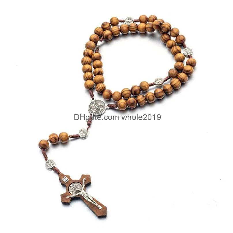 religion male long wooden rosary beads cross christ jesus pendant necklace 10mm wood pendants necklace jewelry for women men