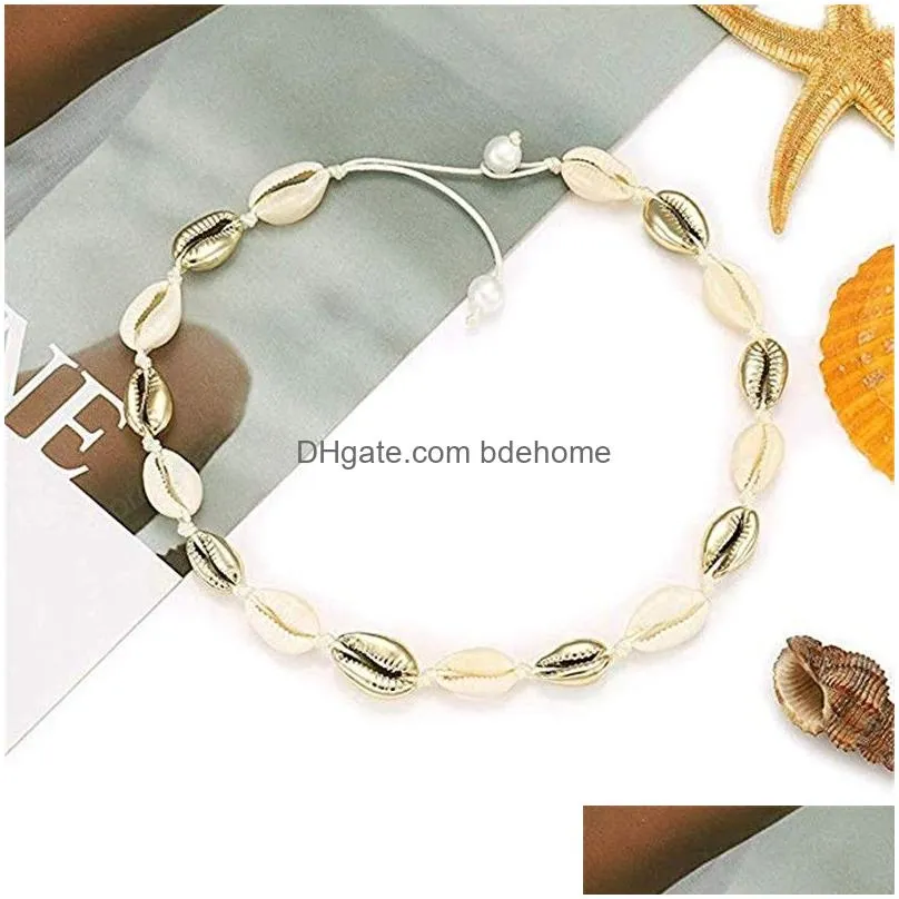 summer natural cowrie shell necklace handmade woven adjustable boho sea beach choker jewelry for women girl