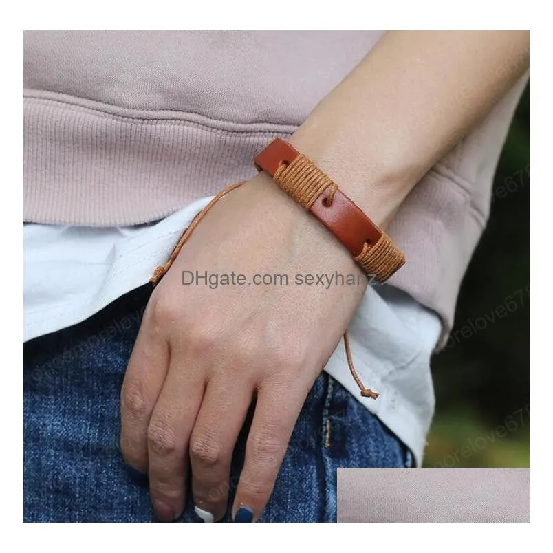 men women bracelet retro brown 13mm genuine leather bracelet adjustable cowhide wax thread nightclub hip hop bracelet