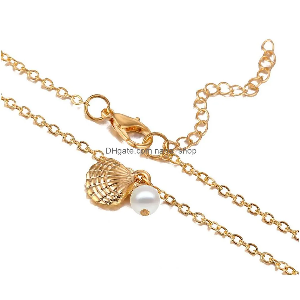 fashion bohemian style layered necklace gold color trendy pearl shell pendant necklace for women long necklace 2 pcs/set