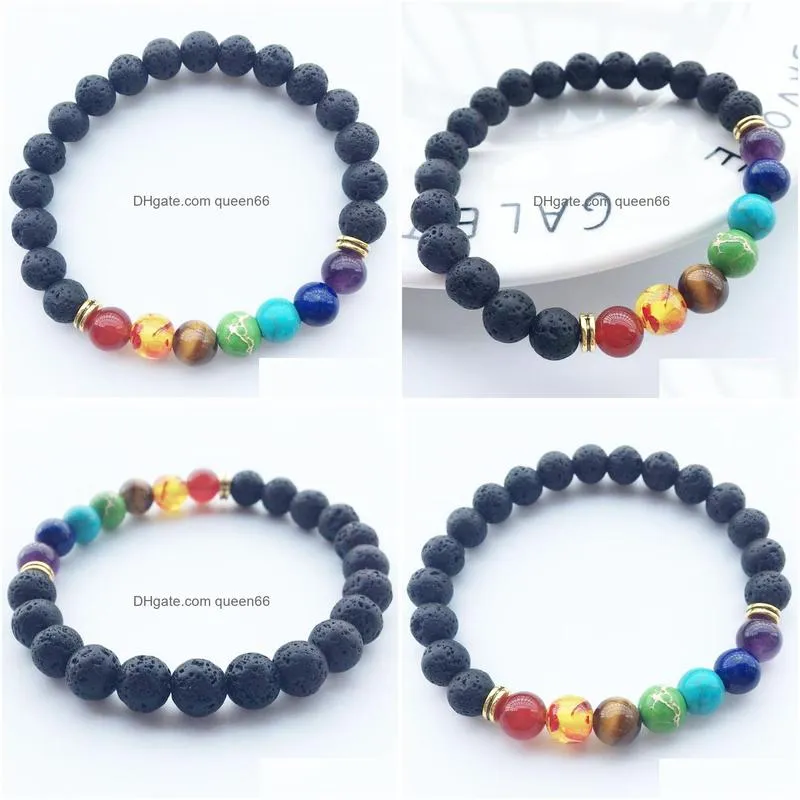 rainbow chakra beads 8mm black lava stone bracelets diy aromatherapy  oil perfume diffuser pulsera bracelet