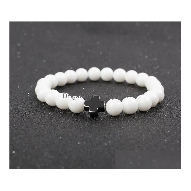  8mm natural white agate agates cross beaded chakra bracelets for women string beands yoga charm man bracelet