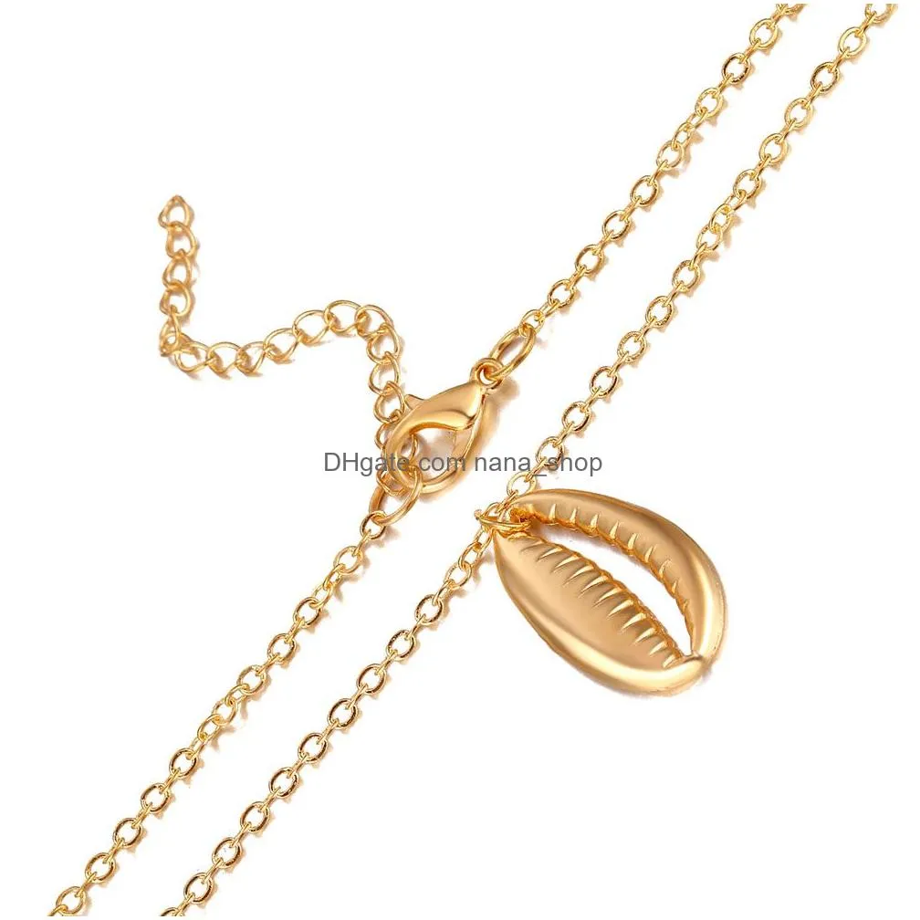 fashion bohemian style layered necklace gold color trendy pearl shell pendant necklace for women long necklace 2 pcs/set