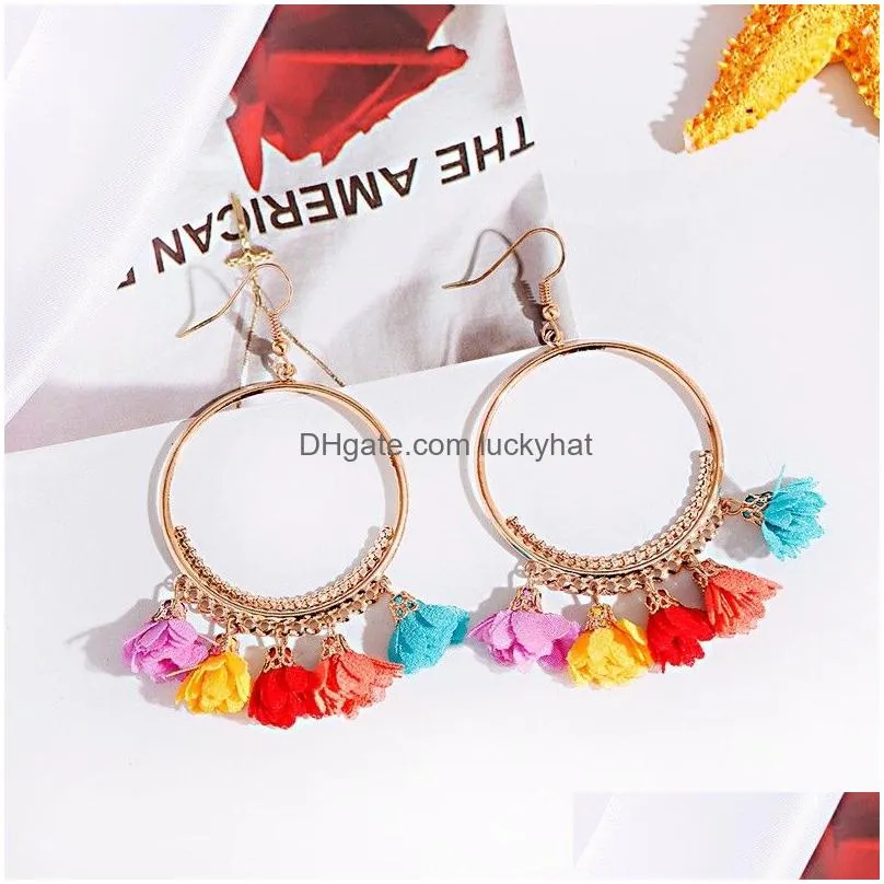 summer yellow flower dangle earrings for women boho gold round alloy wedding tassel earring