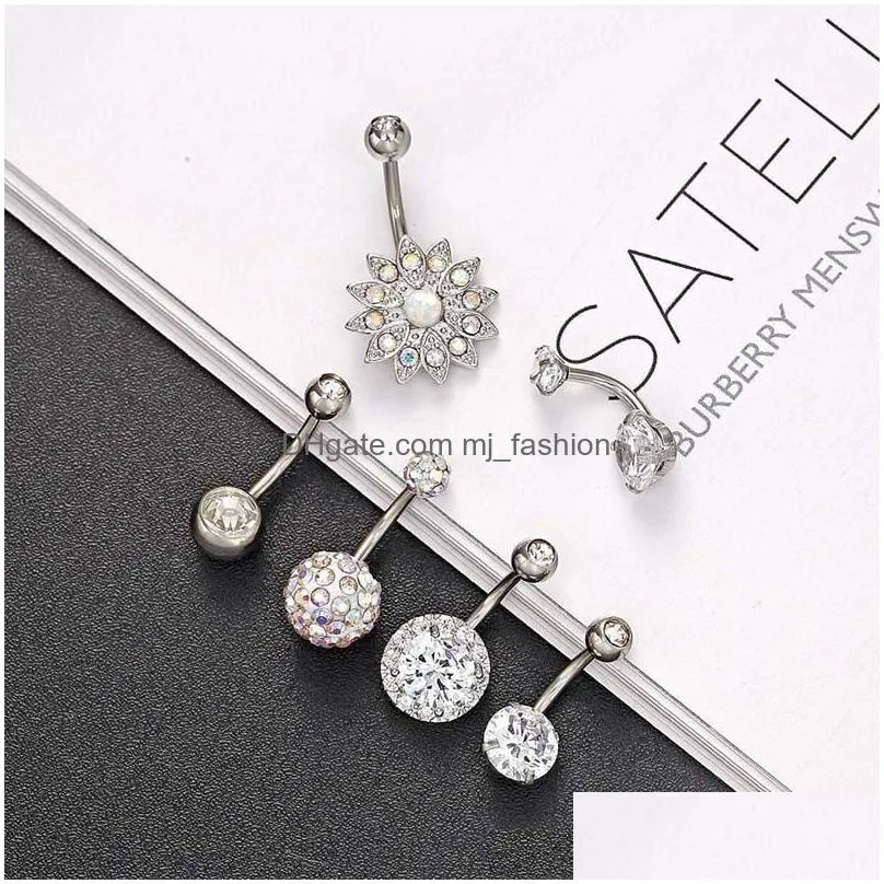 6pcs set stainless steel belly dangle ring bell button navel rings simple rhinestone body piercing fashion jewelry